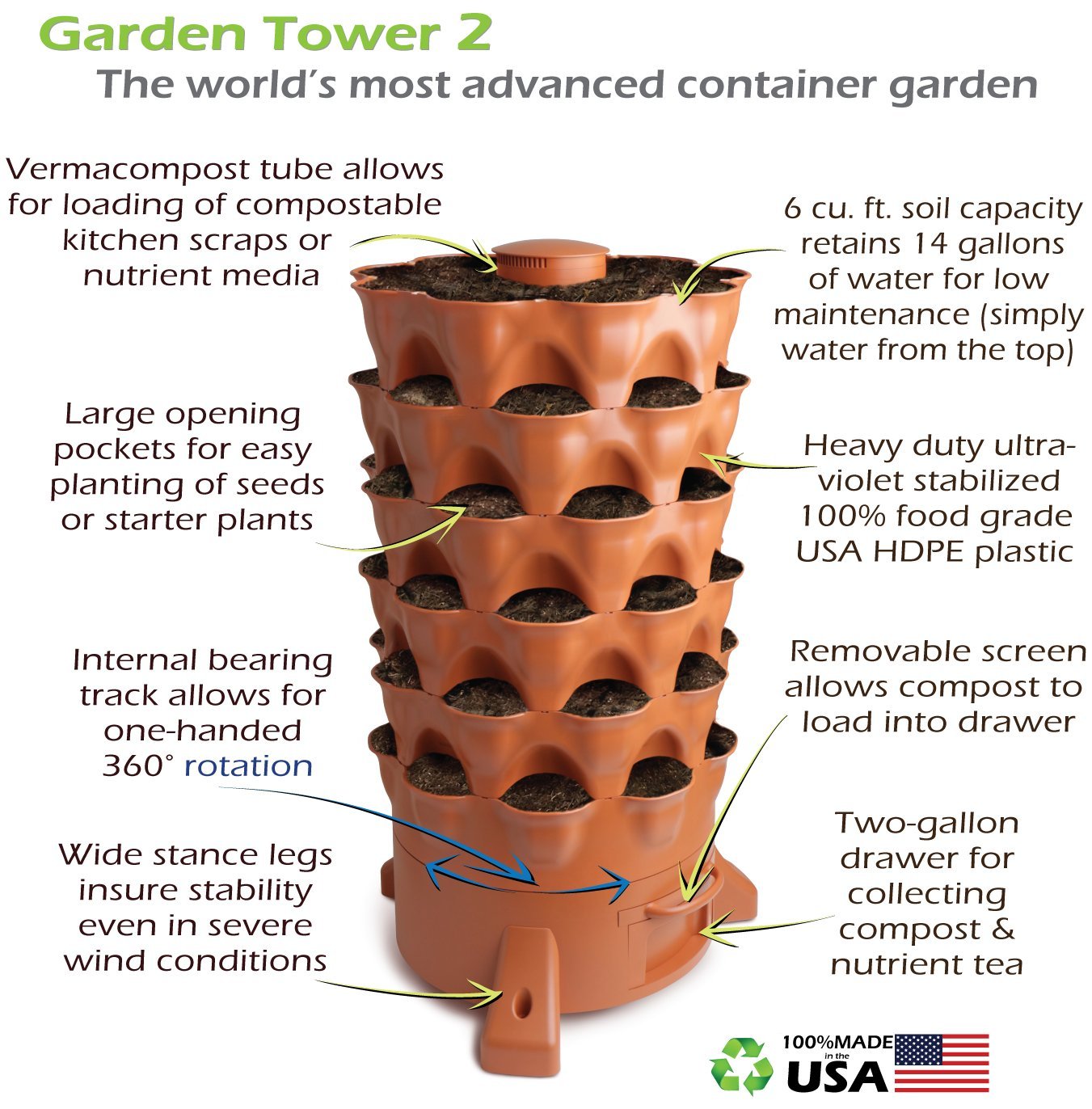 Garden Tower 2™,  50-Plant Composting Vertical Garden Planter